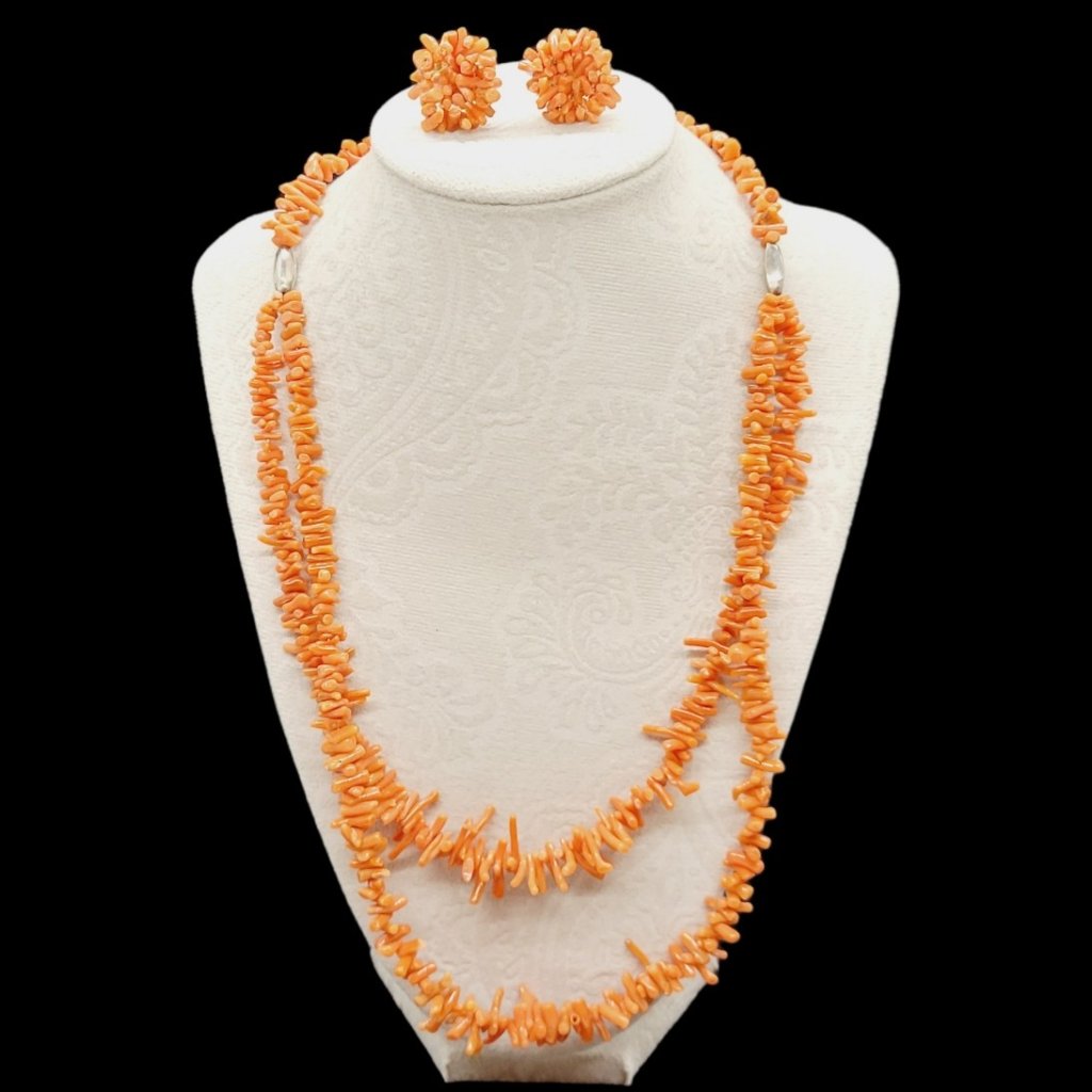 Vintage 1940's Red Coral Branch Two Stand Necklace With Earrings Sterling Sliver